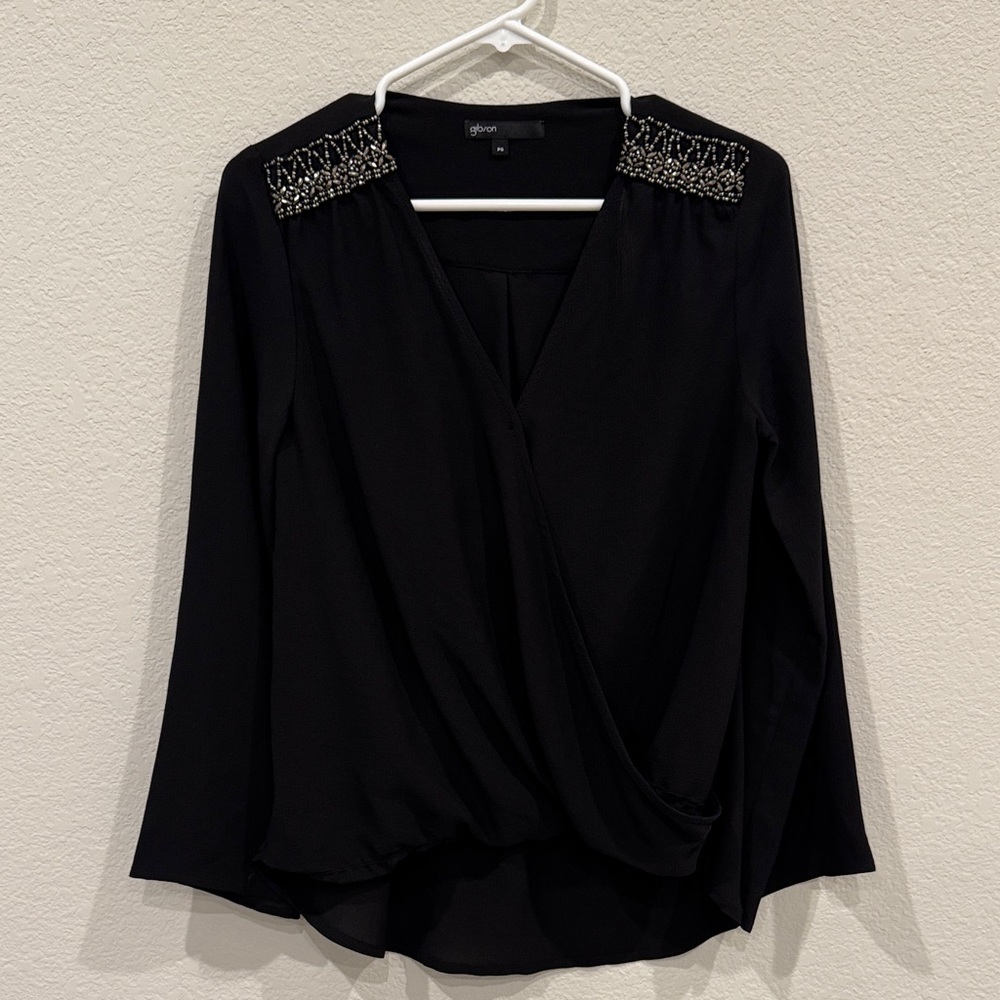 Gibson Black Blouse with Embellished Shoulders, size Petite Small